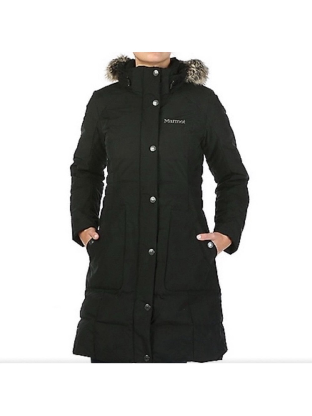 Marmot Women's Black Long Puffer Coat with Faux Fur Trim